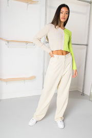 Daisy Street 90's Cropped Cardigan in Lime/Stone