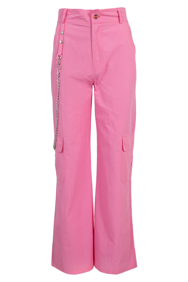 Heartbreak Wide Leg Cargo Trousers with Detachable Chain in Pink