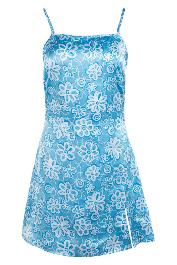 Heartbreak Satin Square Neck Mini Cami Dress In Blue Floral Print
