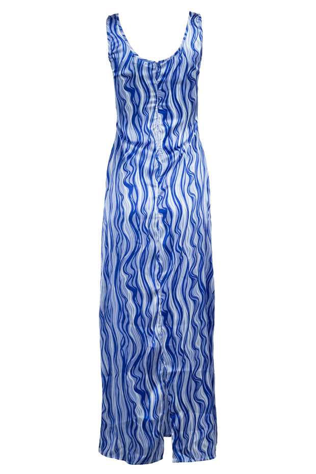 Heartbreak Satin Flippy Hem Maxi Dress In Blue Swirl Print