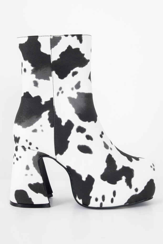 Heartbreak Platform Heeled Ankle Boots in Cow Print