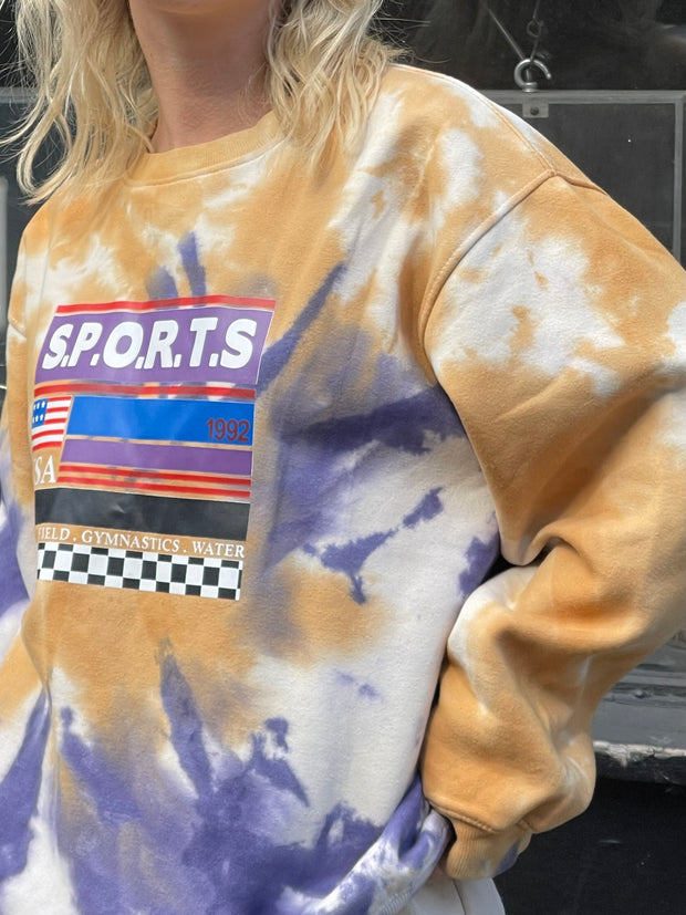 Daisy Street Oversized Sweatshirt in Grunge Purple Tie-Dye with Sports Print